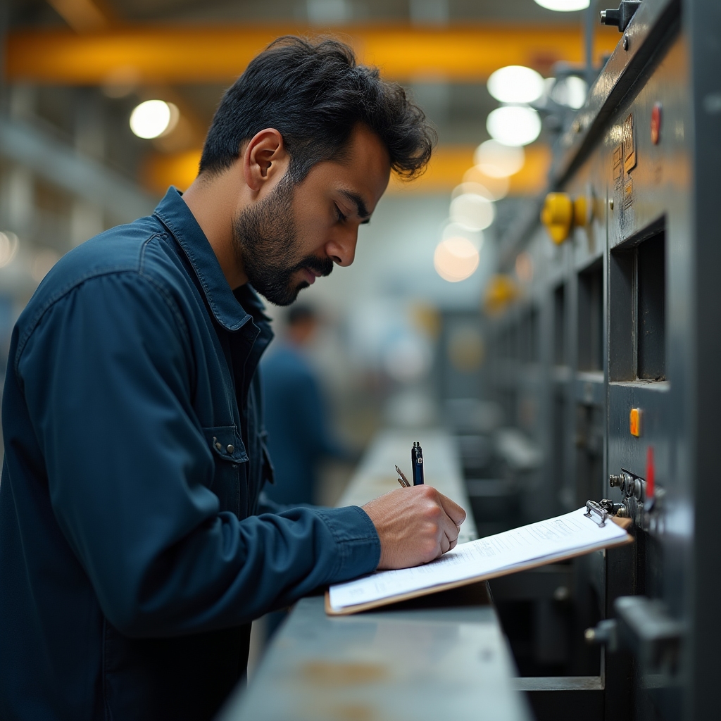 Operator completând manual o fișă de producție pe linia de fabricație