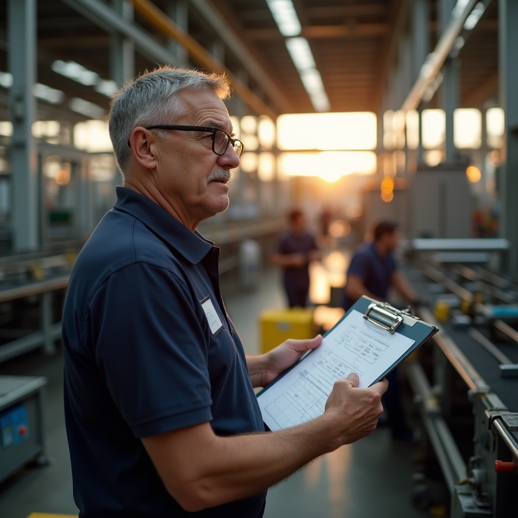 Linie de fabricație cu supervizor verificând datele de producție