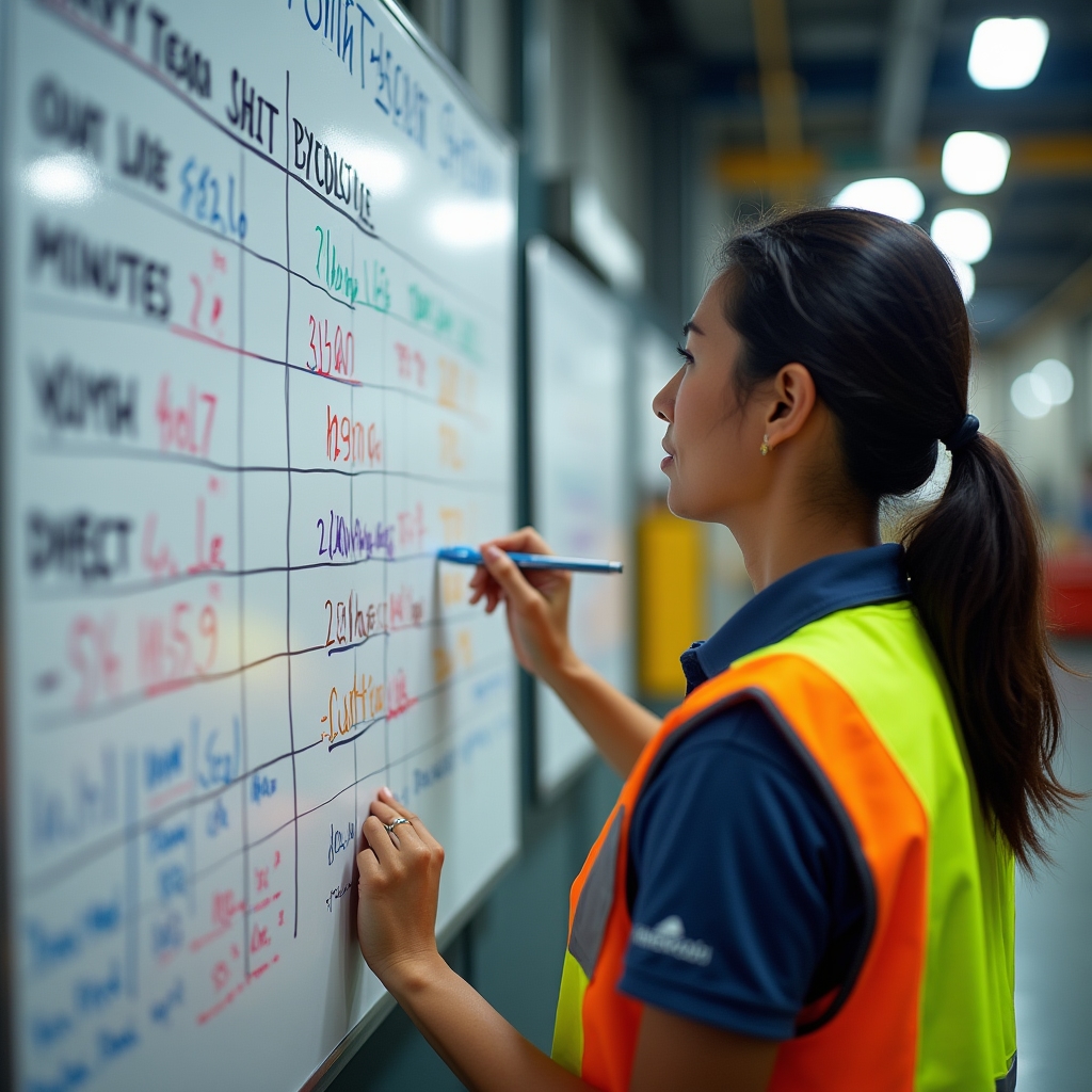 Tablă cu indicatori de productivitate per schimb într-o hală de producție